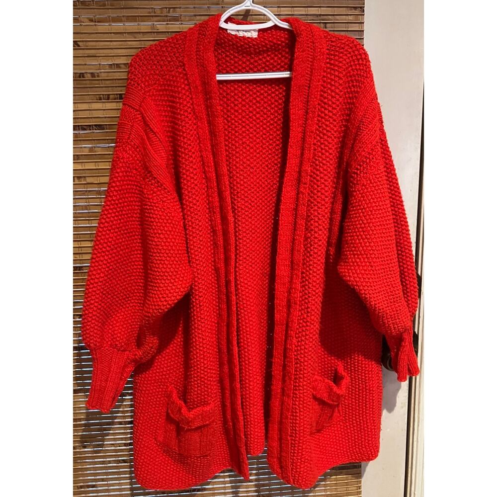 Hand Knit Red Cardigan Womens L XL Sweater Chunky Open Front Oversized Cozy Warm